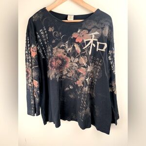 Jess And Jane Asian Eastern Flower  Print Black 3/4 Sleeve Shirt Size 3X